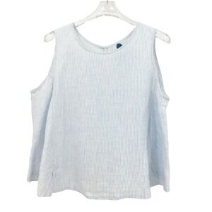 Yuvita Womens XL Blue White Striped 100% Linen Button Back Tank Top Sleeveless